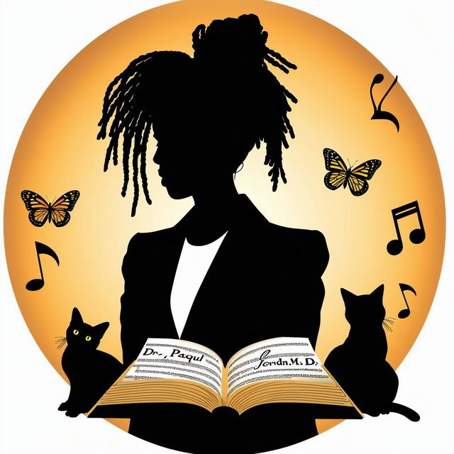 Create a logo for a book featuring a silhouette of a lady with short dreadlocks in a suit, surrounded by music notes, butterflies, two cats, and an open book