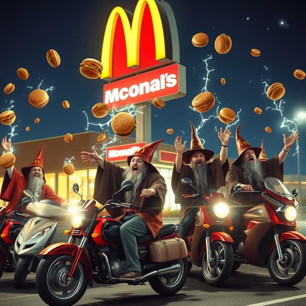 A group of autistic wizards throwing Whoppers at the windows of a McDonald's while riding motorbikes