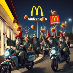 A group of autistic wizards throwing Whoppers at the windows of a McDonald's while riding motorbikes