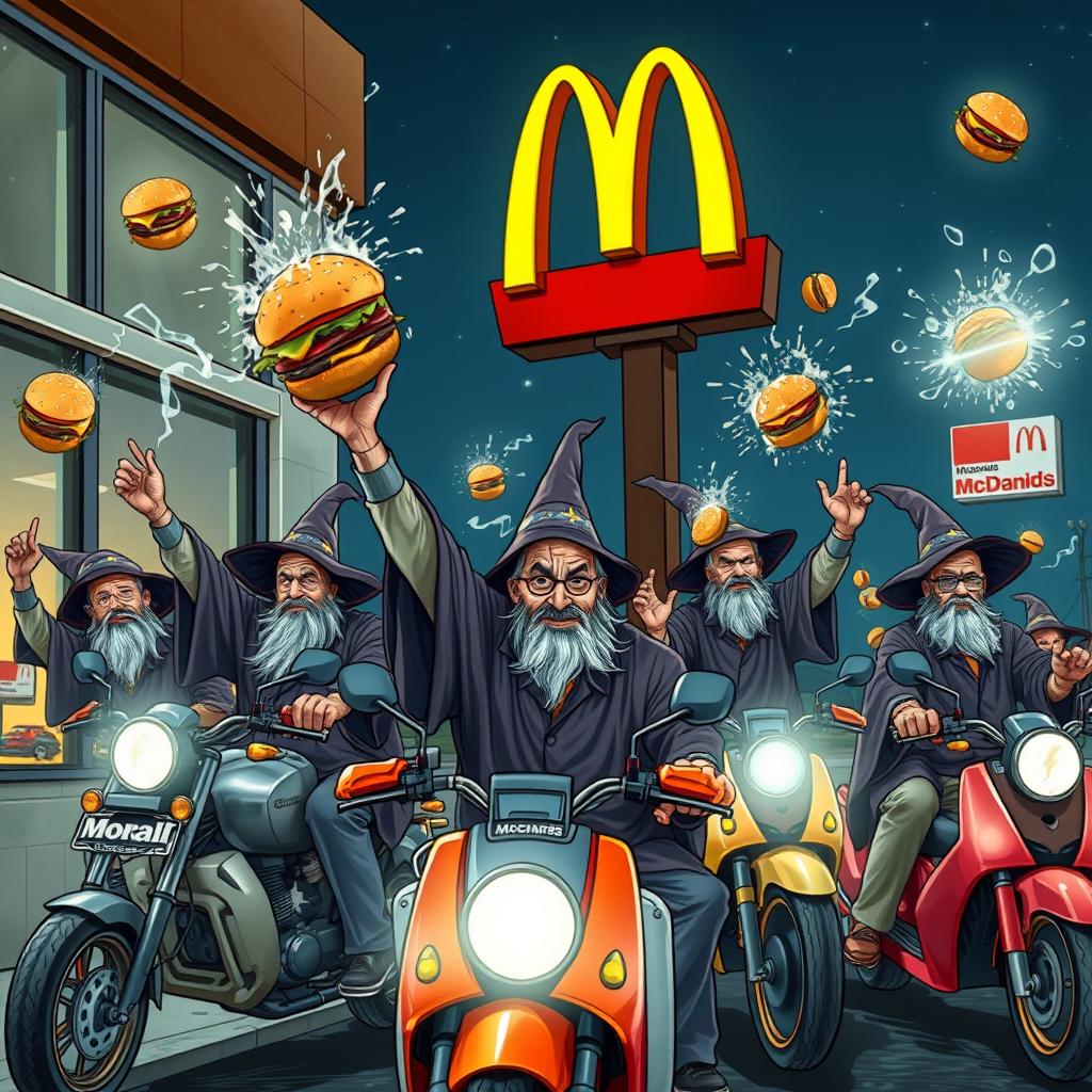 A group of autistic wizards throwing Whoppers at the windows of a McDonald's while riding motorbikes