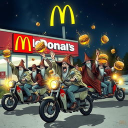 A group of autistic wizards throwing Whoppers at the windows of a McDonald's while riding motorbikes