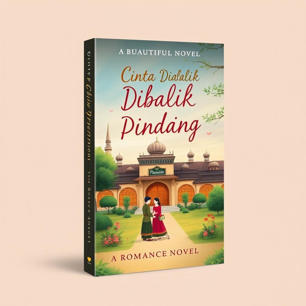 A beautiful book cover for a romance novel titled 'Cinta Dibalik Dinding Pesantren'