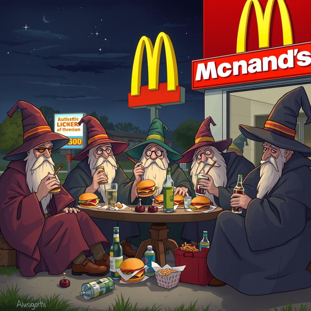 A group of autistic wizards sitting outside a McDonald's, eating burgers and drinking alcohol