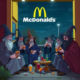 A group of autistic wizards sitting outside a McDonald's, eating burgers and drinking alcohol