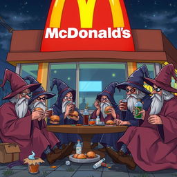 A group of autistic wizards sitting outside a McDonald's, eating burgers and drinking alcohol