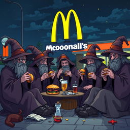 A group of autistic wizards sitting outside a McDonald's, eating burgers and drinking alcohol