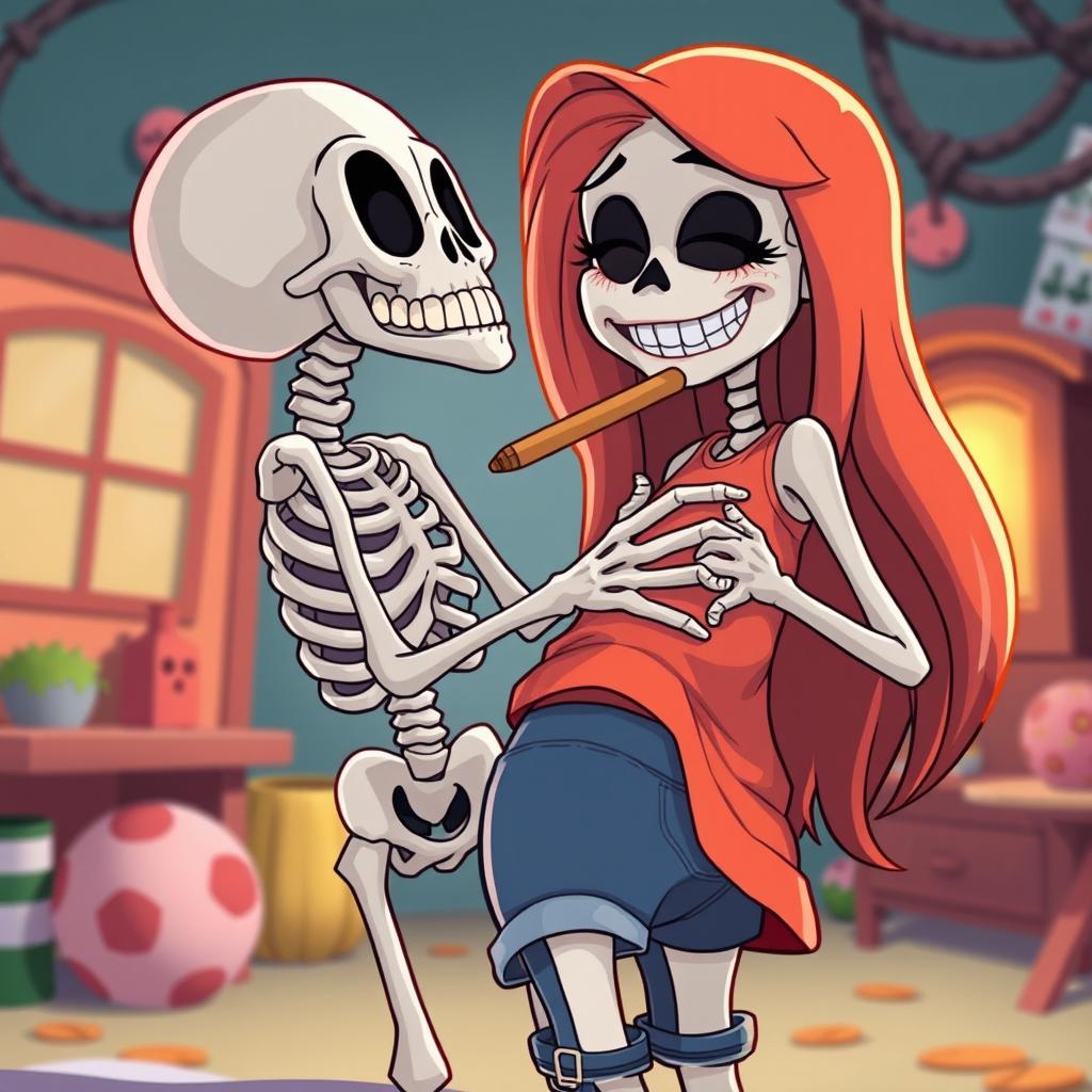 A cartoon skeleton playfully biting a girl's butt in a humorous and cheeky manner