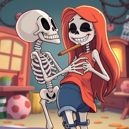 A cartoon skeleton playfully biting a girl's butt in a humorous and cheeky manner