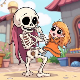 A cartoon skeleton playfully biting a girl's butt in a humorous and cheeky manner