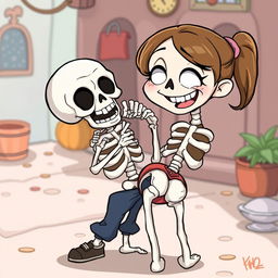 A cartoon skeleton playfully biting a girl's butt in a humorous and cheeky manner