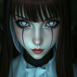 A nun with silver eyes that have black rings around the iris, black lines extending from the bottom of her eyelids down her face, and long maroon hair with bangs