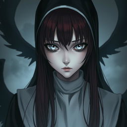 A nun with silver eyes that have black rings around the iris, black lines extending from the bottom of her eyelids down her face, and long maroon hair with bangs