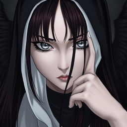 A nun with silver eyes that have black rings around the iris, black lines extending from the bottom of her eyelids down her face, and long maroon hair with bangs