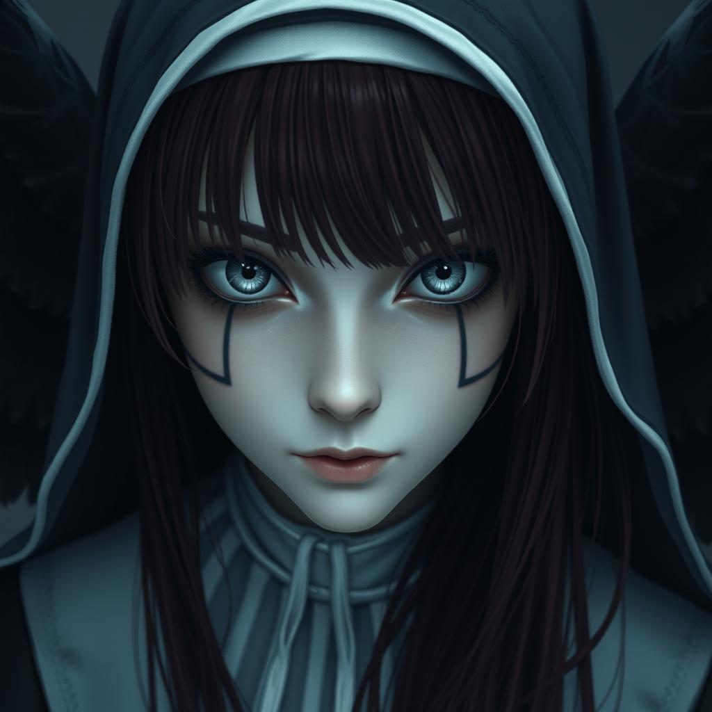 A nun with silver eyes that have black rings around the iris, black lines extending from the bottom of her eyelids down her face, and long maroon hair with bangs