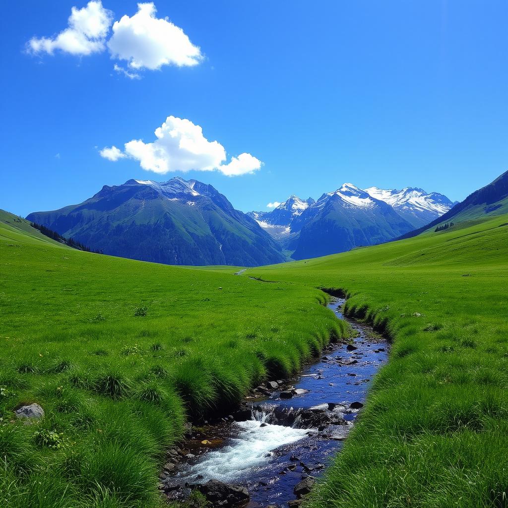 A serene landscape featuring a lush green meadow, a clear blue sky with a few fluffy white clouds, and a gentle stream flowing through the middle