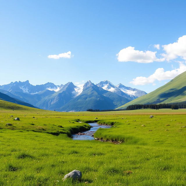 A serene landscape featuring a lush green meadow, a clear blue sky with a few fluffy white clouds, and a gentle stream flowing through the middle