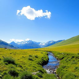 A serene landscape featuring a lush green meadow, a clear blue sky with a few fluffy white clouds, and a gentle stream flowing through the middle