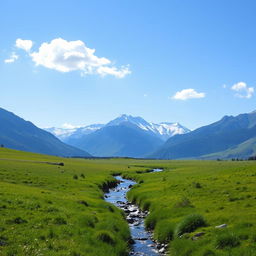 A serene landscape featuring a lush green meadow, a clear blue sky with a few fluffy white clouds, and a gentle stream flowing through the middle