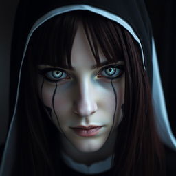 A nun with silver eyes that have black rings around the iris, black lines extending from the bottom of her eyelids down her face, and long maroon hair with bangs