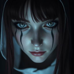 A nun with silver eyes that have black rings around the iris, black lines extending from the bottom of her eyelids down her face, and long maroon hair with bangs