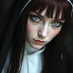 A nun with silver eyes that have black rings around the iris, black lines extending from the bottom of her eyelids down her face, and long maroon hair with bangs