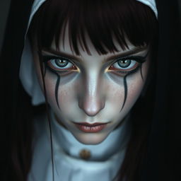 A nun with silver eyes that have black rings around the iris, black lines extending from the bottom of her eyelids down her face, and long maroon hair with bangs