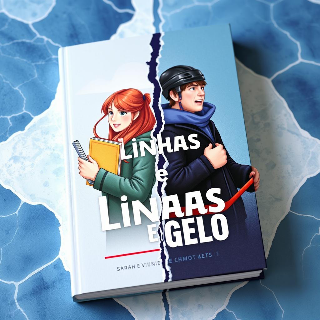 A book cover divided into two parts by a crack in the ice, representing the tension between two characters, Sarah and Vinnie