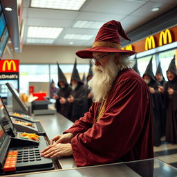 An autistic wizard in traditional wizard robes is working behind the counter at a McDonald's