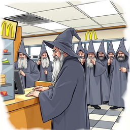 An autistic wizard in traditional wizard robes is working behind the counter at a McDonald's