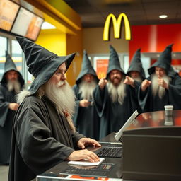 An autistic wizard in traditional wizard robes is working behind the counter at a McDonald's