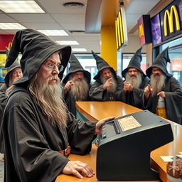 An autistic wizard in traditional wizard robes is working behind the counter at a McDonald's