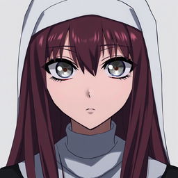 An anime-style nun with silver eyes that have black rings around the iris, black lines extending from the bottom of her eyelids down her face, and long maroon hair with bangs