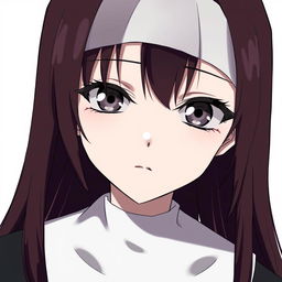 An anime-style nun with silver eyes that have black rings around the iris, black lines extending from the bottom of her eyelids down her face, and long maroon hair with bangs