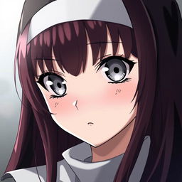 An anime-style nun with silver eyes that have black rings around the iris, black lines extending from the bottom of her eyelids down her face, and long maroon hair with bangs