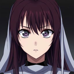 An anime-style nun with silver eyes that have black rings around the iris, black lines extending from the bottom of her eyelids down her face, and long maroon hair with bangs