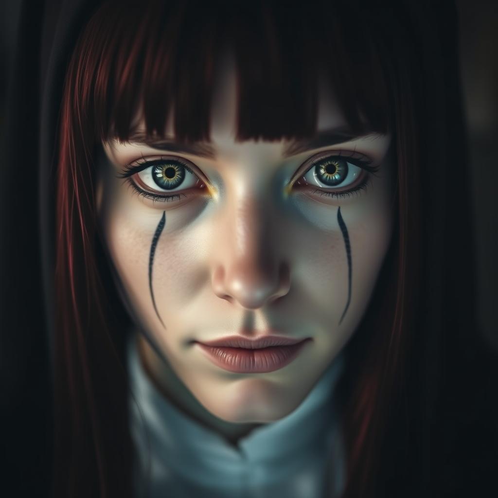 A nun with silver eyes that have black rings around the iris, black lines extending from the bottom of her eyelids down her face, and long maroon hair with bangs