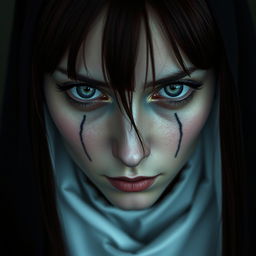 A nun with silver eyes that have black rings around the iris, black lines extending from the bottom of her eyelids down her face, and long maroon hair with bangs