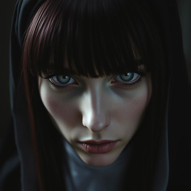 A nun with silver eyes that have black rings around the iris, black lines extending from the bottom of her eyelids down her face, and long maroon hair with bangs