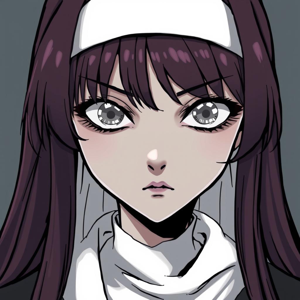 A comic-style illustration of a nun with silver eyes that have black rings around the iris, black lines extending from the bottom of her eyelids down her face, and long maroon hair with bangs