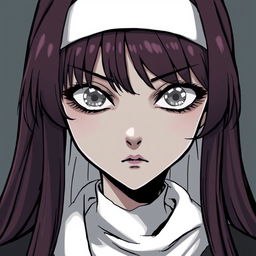 A comic-style illustration of a nun with silver eyes that have black rings around the iris, black lines extending from the bottom of her eyelids down her face, and long maroon hair with bangs