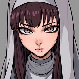 A comic-style illustration of a nun with silver eyes that have black rings around the iris, black lines extending from the bottom of her eyelids down her face, and long maroon hair with bangs