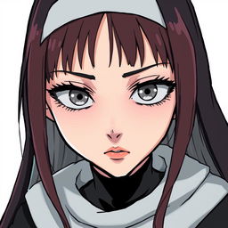 A comic-style illustration of a nun with silver eyes that have black rings around the iris, black lines extending from the bottom of her eyelids down her face, and long maroon hair with bangs