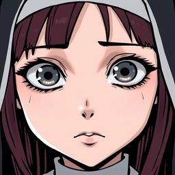 A comic-style illustration of a nun with silver eyes that have black rings around the iris, black lines extending from the bottom of her eyelids down her face, and long maroon hair with bangs