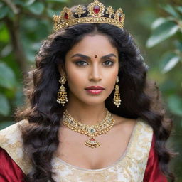 An enchanting Sri Lankan queen with olive skin, long wavy hair, prominent arching brows, and apple cheeks. She exudes soft, feminine energy with a warrior vibe. She possesses a short neck and striking features that hint at a Malaysian heritage.