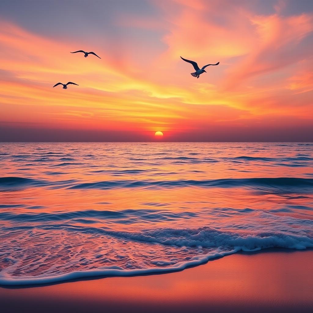 Create an image featuring a beautiful sunset over a calm ocean, with a few seagulls flying in the sky and gentle waves lapping at the shore