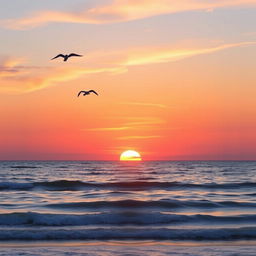 Create an image featuring a beautiful sunset over a calm ocean, with a few seagulls flying in the sky and gentle waves lapping at the shore