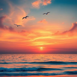 Create an image featuring a beautiful sunset over a calm ocean, with a few seagulls flying in the sky and gentle waves lapping at the shore