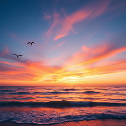 Create an image featuring a beautiful sunset over a calm ocean, with a few seagulls flying in the sky and gentle waves lapping at the shore