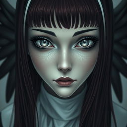 A nun with silver eyes that have black rings around the iris, black lines extending from the bottom of her eyelids down her face, and long maroon hair with bangs