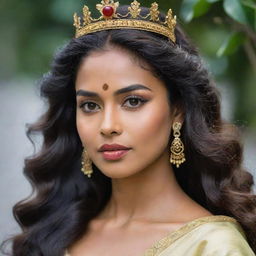 An enchanting Sri Lankan queen with olive skin, long wavy hair, prominent arching brows, and apple cheeks. She exudes soft, feminine energy with a warrior vibe. She possesses a short neck and striking features that hint at a Malaysian heritage.